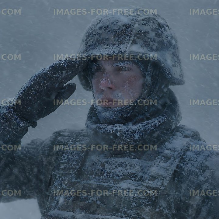Soldier saluting in a snowstorm during winter