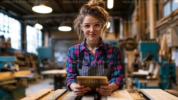 Woman using tablet in woodworking shop