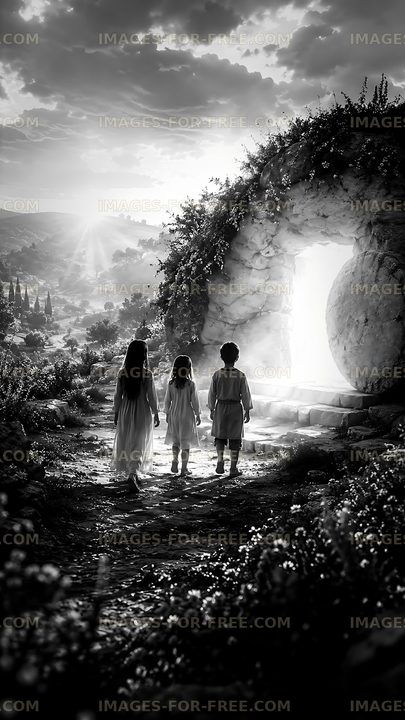 Children walking toward an open stone tomb in the countryside