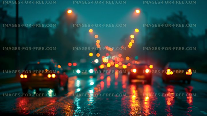City street traffic at night with rain and reflections
