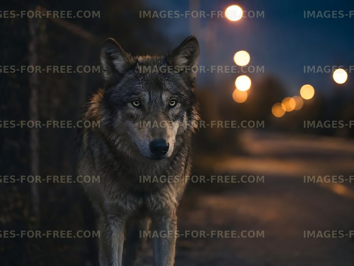 Wolf standing near a street at night with bright streetlights