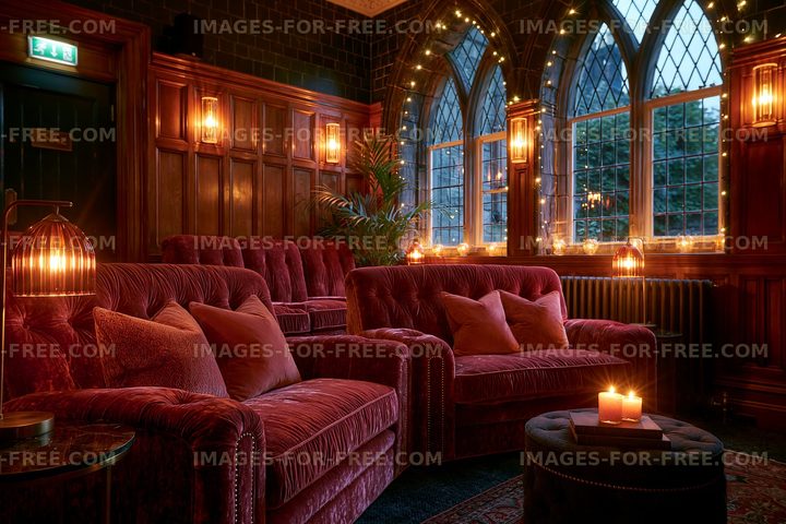 Cozy seating area with warm lighting and large windows