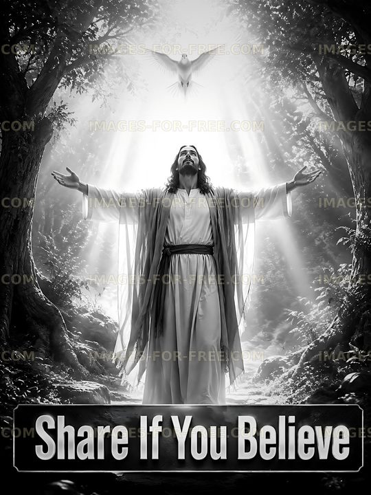 Jesus with open arms in a forest setting