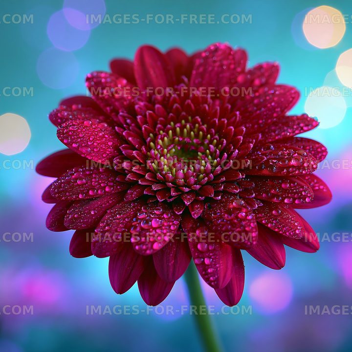 Pink flower with water droplets against a colorful background