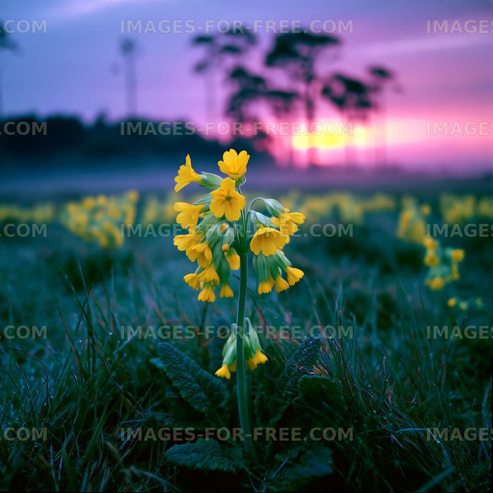 Yellow flowers bloom at sunset in a quiet meadow