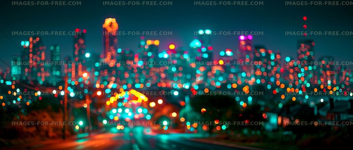 City skyline at night with bright colorful lights