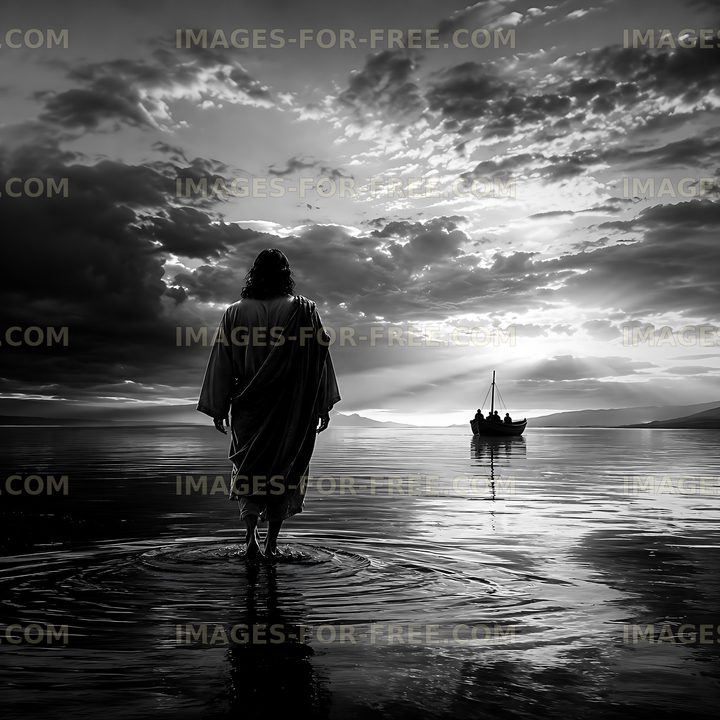 Figure walking on water at sunset with boat in background
