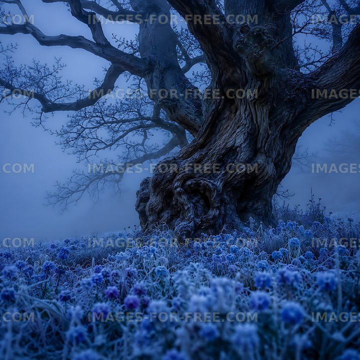 Frost-covered ground with a gnarled tree in a foggy landscape