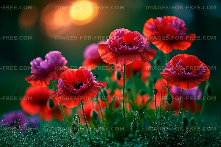 Vibrant poppy flowers blooming at sunset in a garden