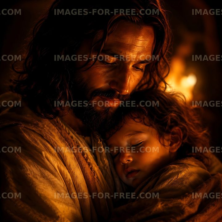 Emotional moment between a man and a child at night