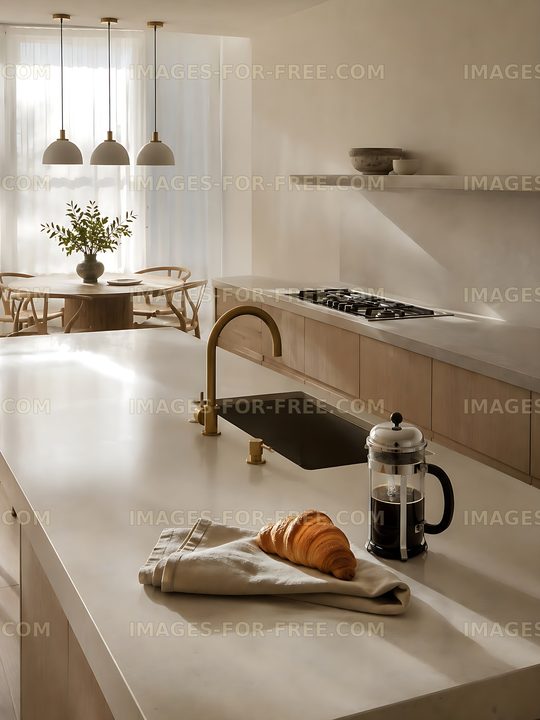 Modern kitchen with coffee and croissants on the countertop