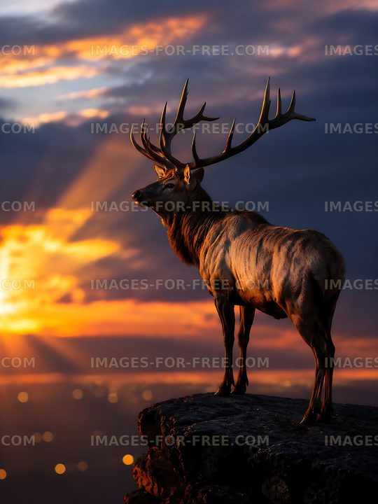 Stag standing on rock at sunset with dramatic sky