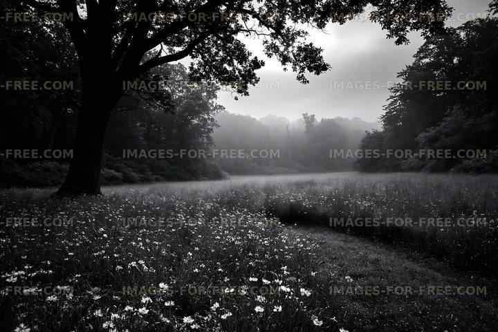 Field with flowers and large tree in foggy forest