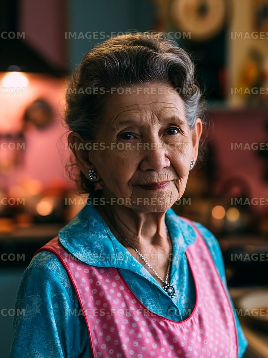 Elderly woman standing in a kitchen wearing an apron