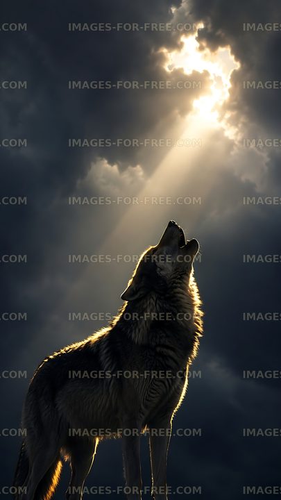 Wolf howling under a beam of light in dark clouds