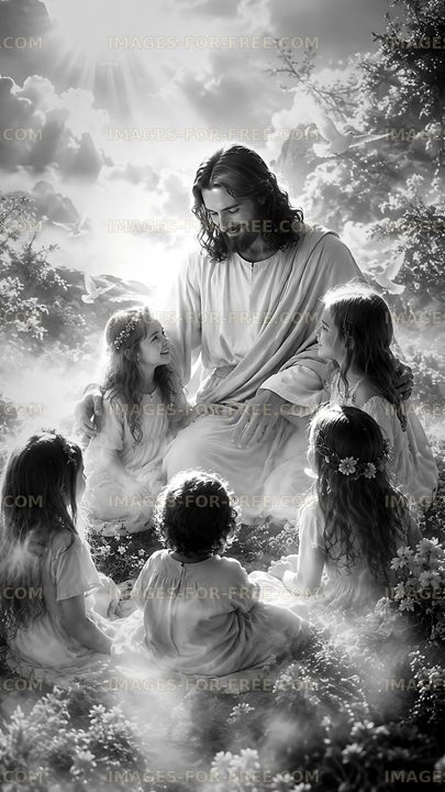 Jesus surrounded by children in a serene outdoor setting