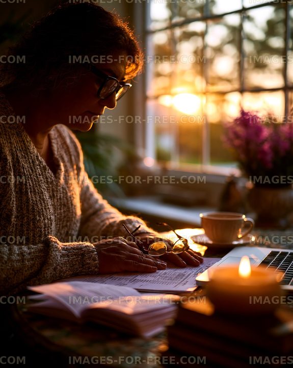 Woman working on laptop during sunset at home