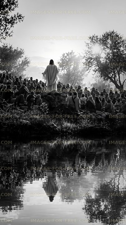 Crowd gathered by water listening to man in white robes