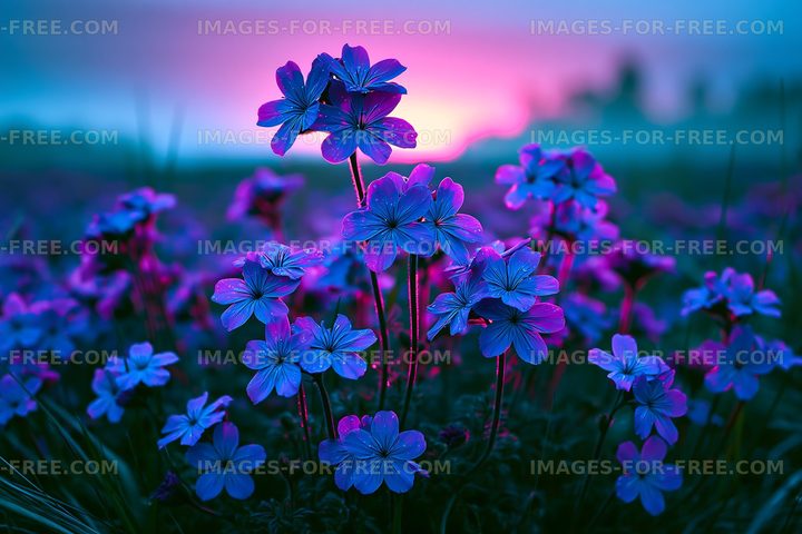 Flowers under a colorful sunset sky