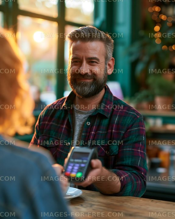 Man paying bill in cozy cafe with sunlight streaming in