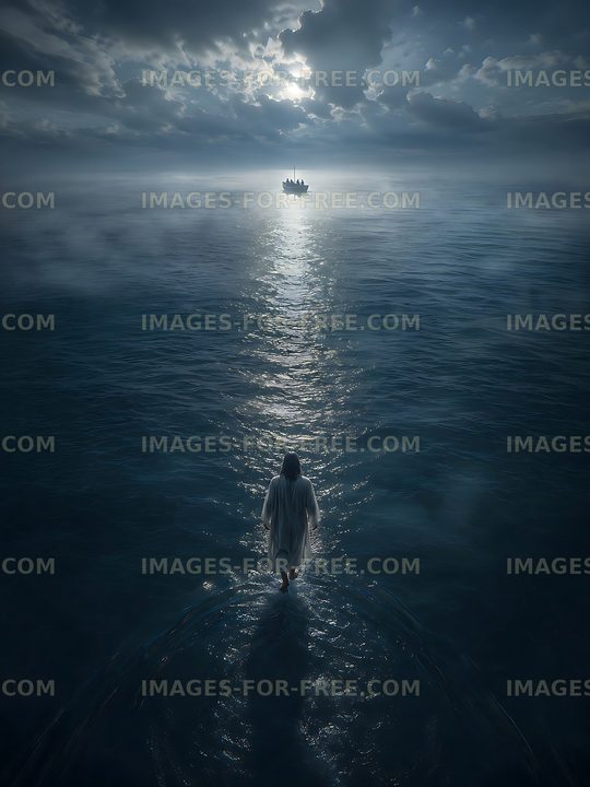 Figure walking on water towards a distant boat