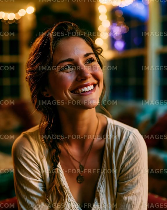 Smiling young woman with warm lighting in cozy indoor setting