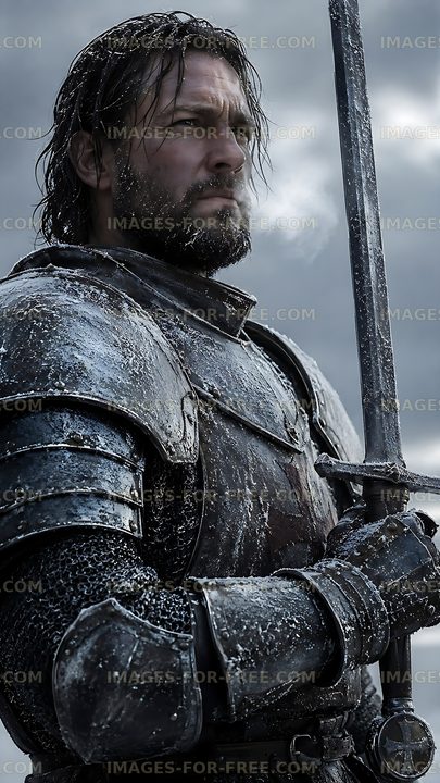 Knight holding sword in a snowy landscape