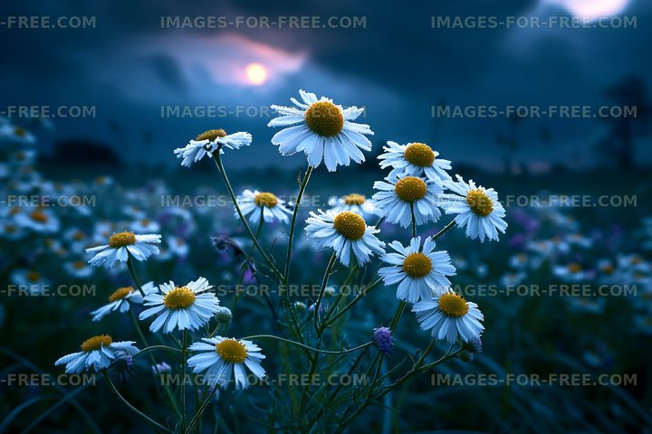Daisies under a cloudy sky during sunset