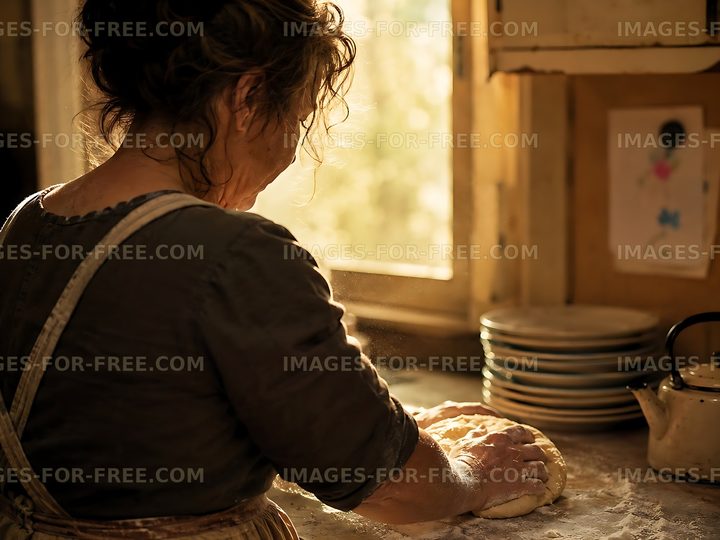 Woman kneading dough by a sunny window in a rustic kitchen