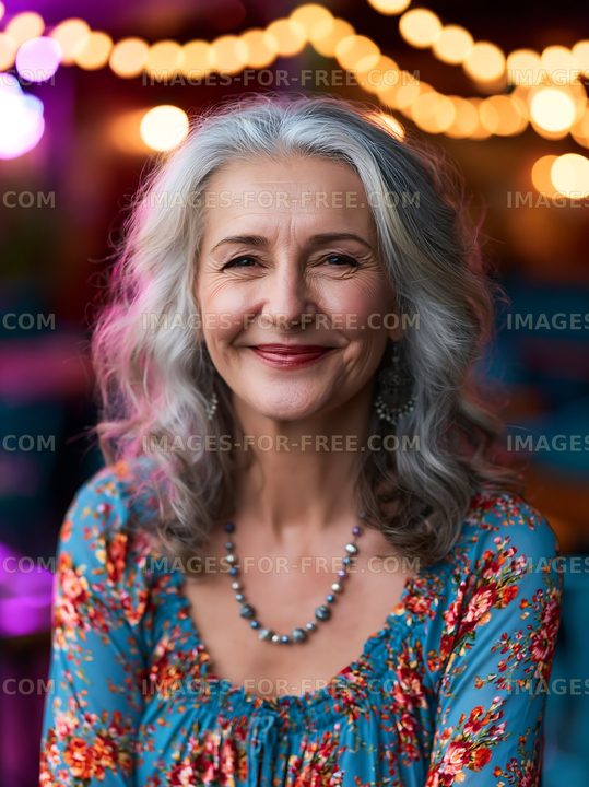 Smiling woman with gray hair sitting in colorful setting
