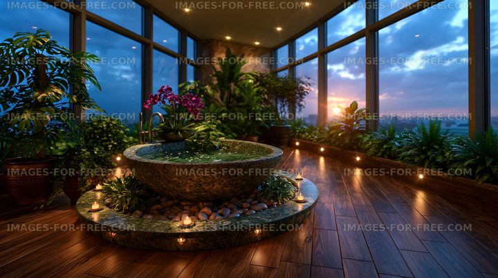 Indoor garden with water feature at sunset