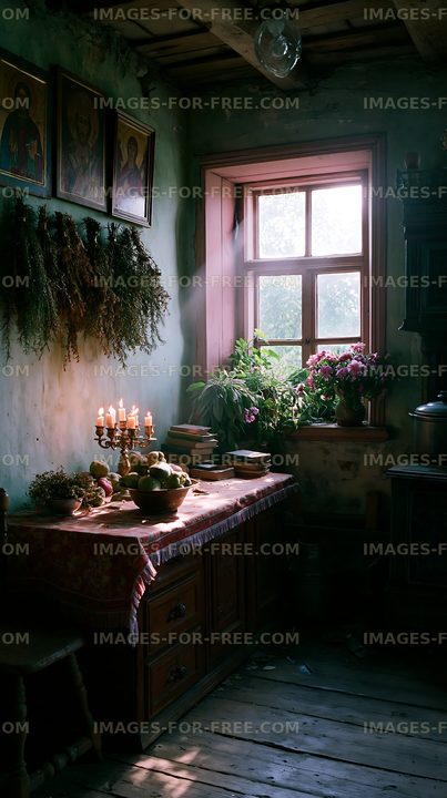 Sunlight streaming into a rustic room with a wooden table