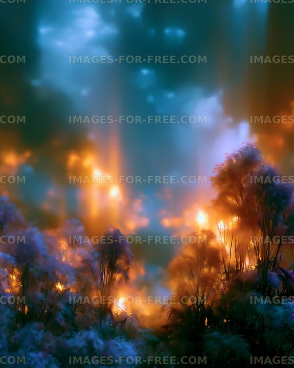 Colorful lights shine through dense foliage at night