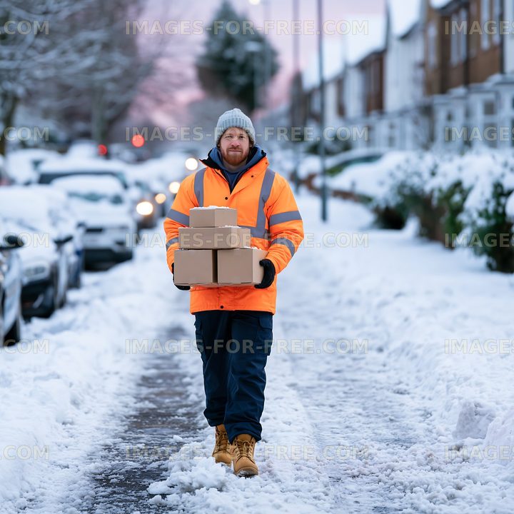 Delivery worker carries packages through snowy street