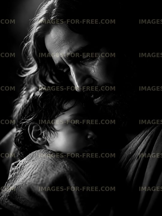 Father holding child in dark setting