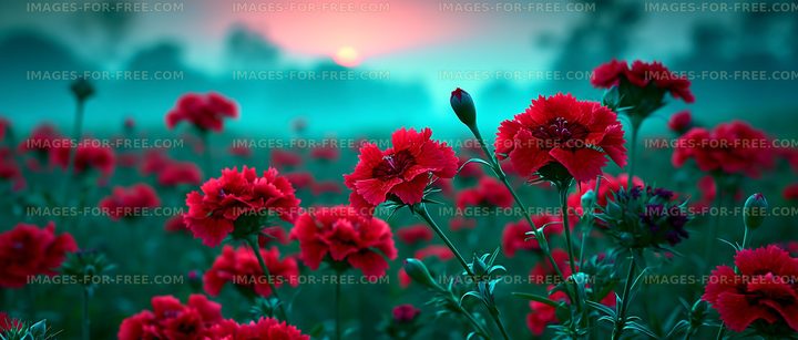 Red flowers blooming under sunset sky