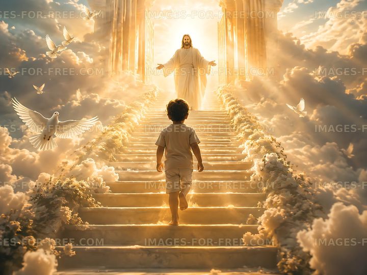 Child walking towards figure in light on stairs in the clouds