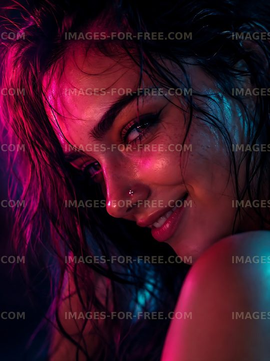 Woman with wet hair in colorful neon light
