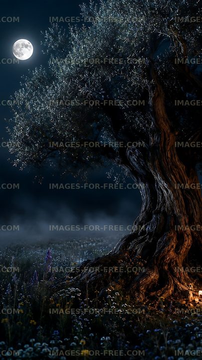 Old tree under bright moonlight in a dark field