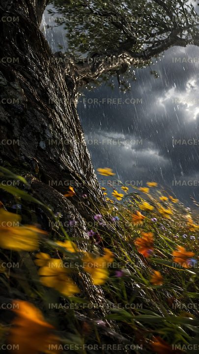 Rainy day with flowers and tree against dark stormy sky