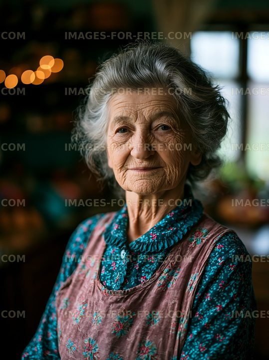 Elderly woman smiling in cozy kitchen setting