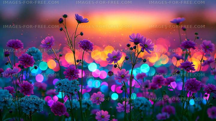 Colorful flowers with glowing background at sunset