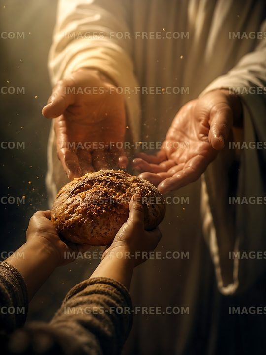 Hands exchanging bread in a warm, dimly lit setting