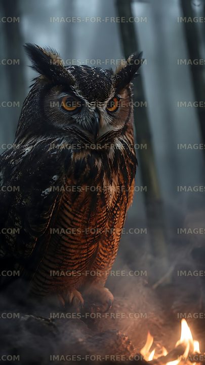 Owl sitting near a fire in a dark forest