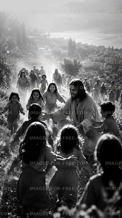 Children playing in a field with a man in a robe