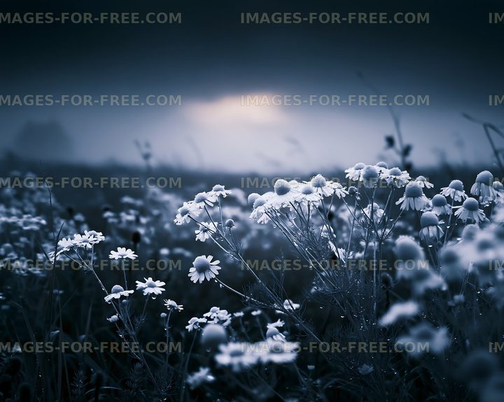 Flowers in a foggy field at dawn