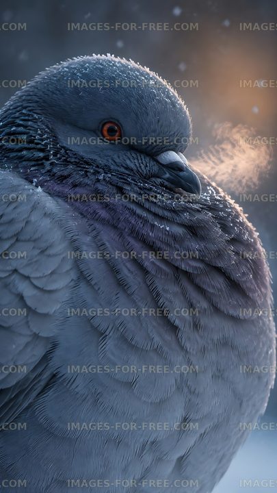 Winter pigeon with frozen feathers and visible breath