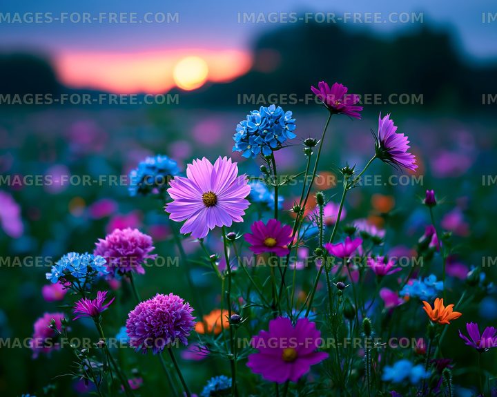 Colorful wildflowers bloom at sunset in a garden