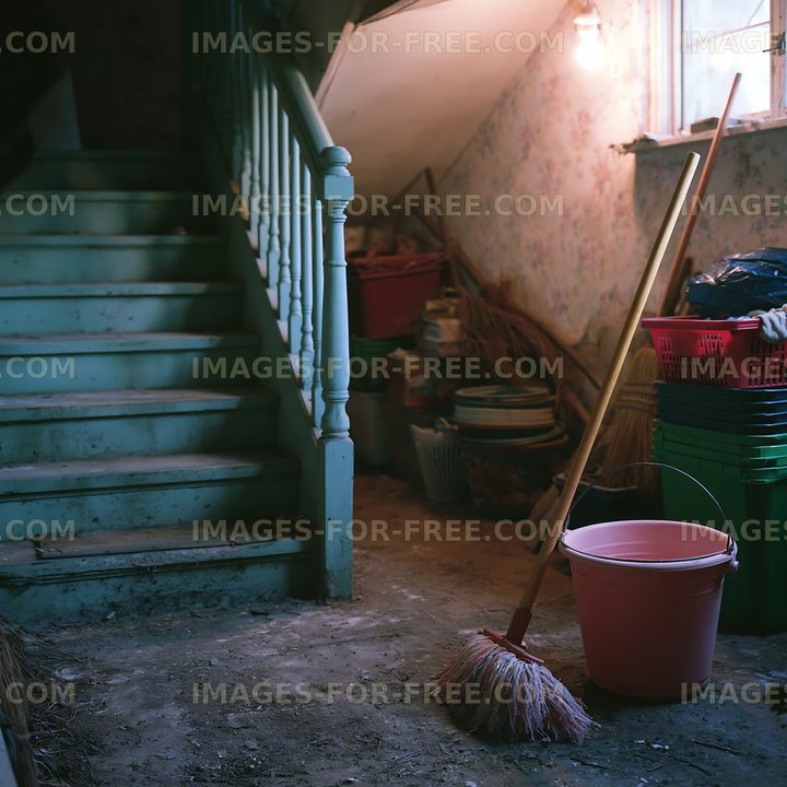 Dusty stairway with cleaning tools in a cluttered setting