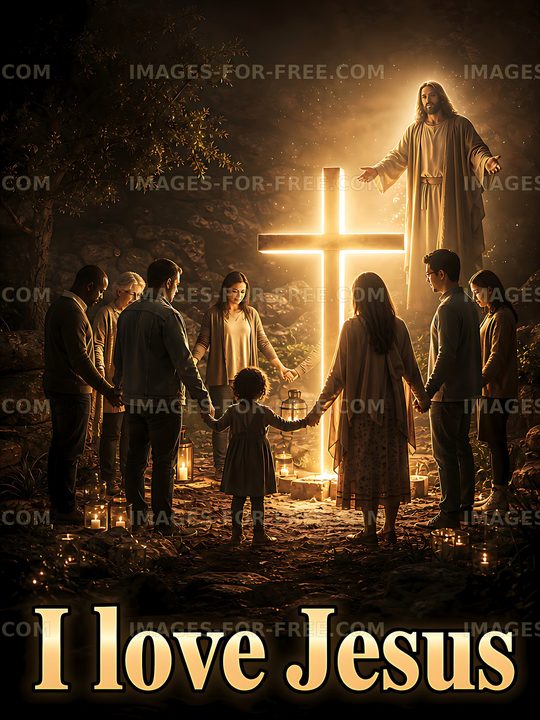 Group of people praying around a glowing cross in the woods